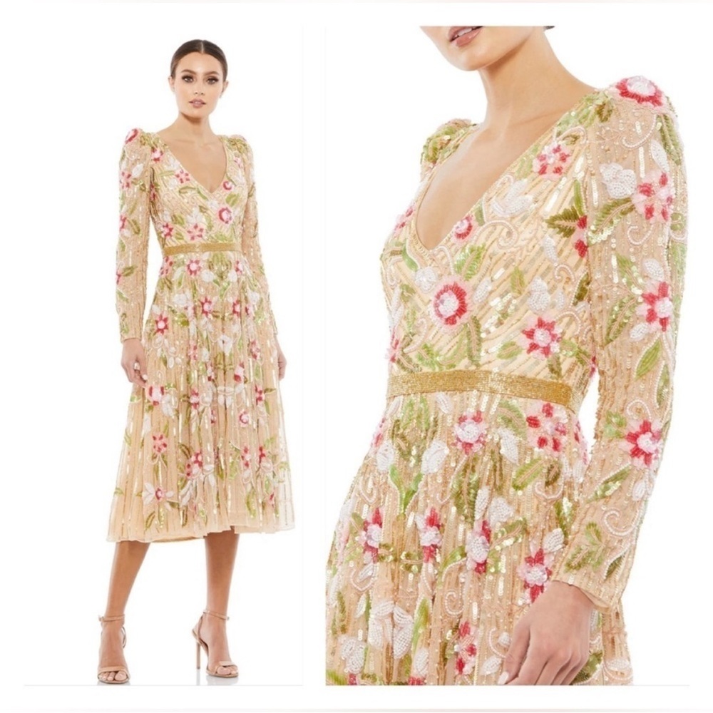 NWT Mac Duggal 5415 Gold Floral Beadwork Long Sleeve Midi Dress Size 28